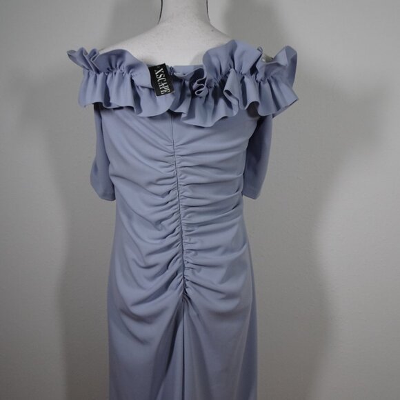 Xscape Off the Shoulder Gown Dress Size 16W Blue Ruffle Crepe Prom Wedding - Picture 9 of 16